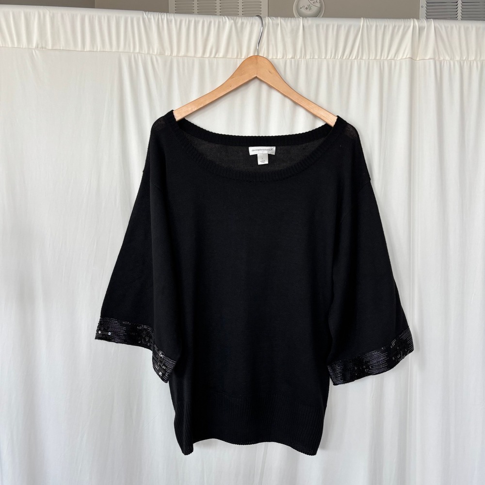 Vintage Christopher & Banks Sweater Large Black Sequin Trim Boat Neck 2010s Glam